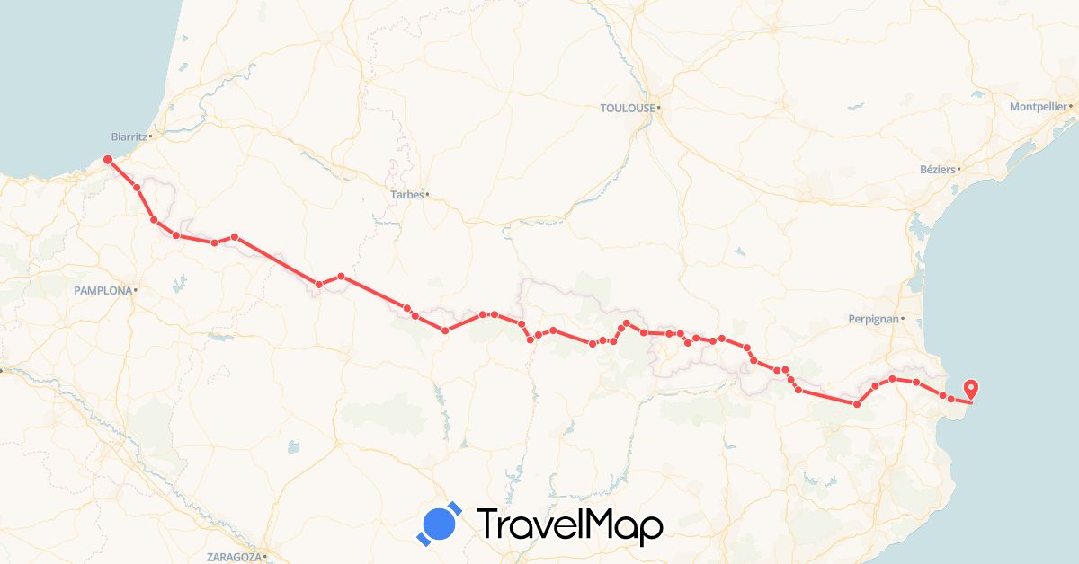 TravelMap itinerary: hiking in Andorra, Spain, France (Europe)